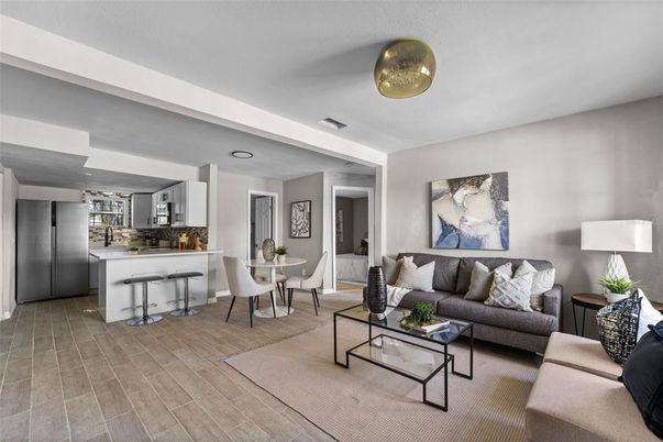 Dining room, Interior, Kitchen, Living room, Stainless Steel Appliances, Wood Texture Flooring