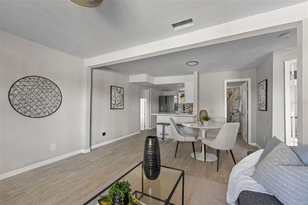 Dining room, Interior, Recessed Lighting, Wood Texture Flooring