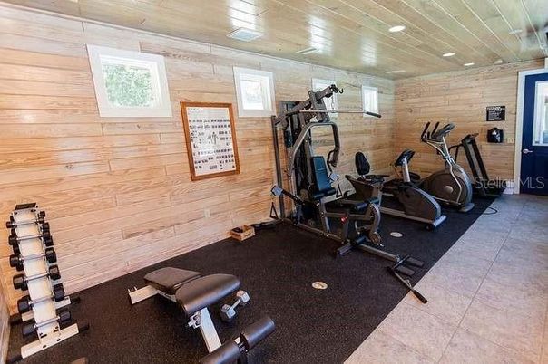 Fitness Equipment, Interior, Recessed Lighting, Wooden Ceilings, Wooden Walls