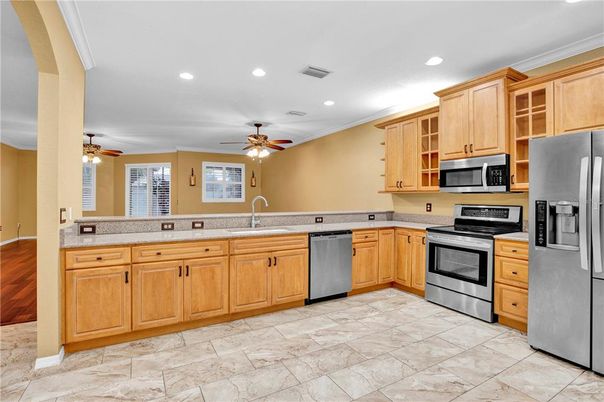 Interior, Kitchen, Recessed Lighting, Stainless Steel Appliances, Wood Texture Flooring