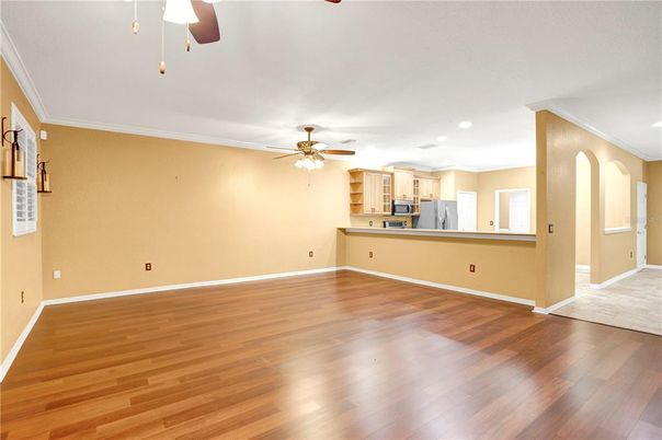 Empty room, Interior, Kitchen, Recessed Lighting, Wood Texture Flooring