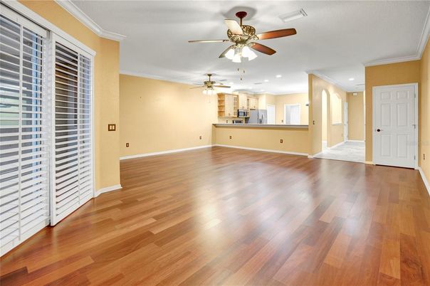 Empty room, Interior, Kitchen, Recessed Lighting, Wood Texture Flooring