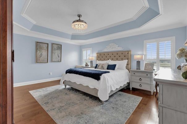 Bedroom, Chandelier, Interior, Wood Texture Flooring