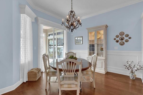 Chandelier, Dining room, Interior, Wood Texture Flooring