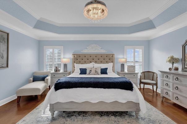 Bedroom, Chandelier, Interior, Wood Texture Flooring