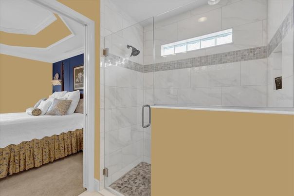 Bathroom, Bedroom, Glass Shower, Interior, Marble Walls, Recessed Lighting