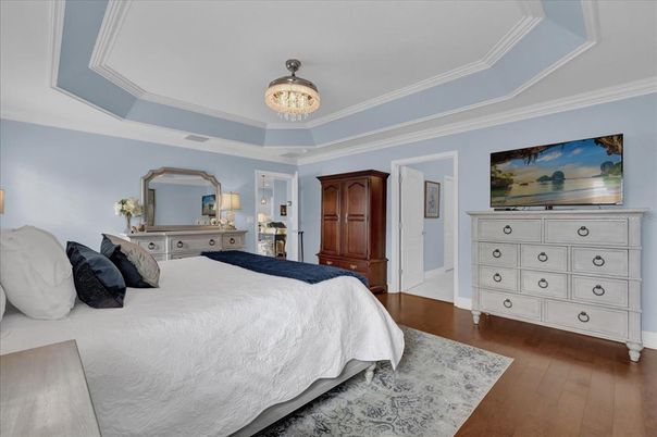 Bedroom, Chandelier, Interior, Wood Texture Flooring