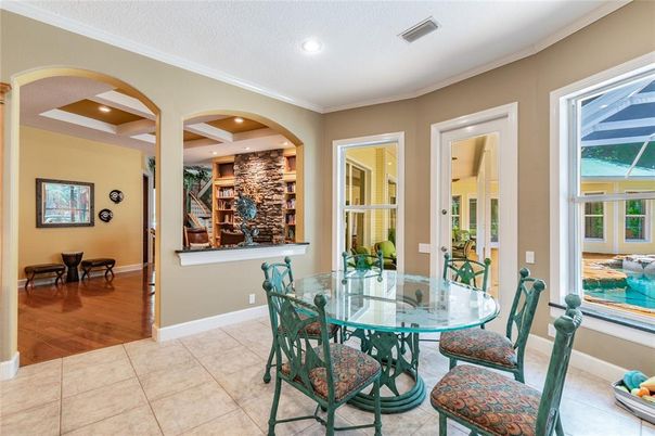 Dining room, Interior, Recessed Lighting, Wood Texture Flooring