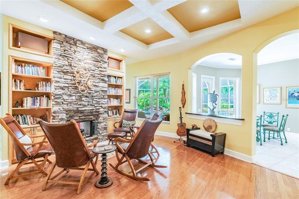 Fireplace, Interior, Recessed Lighting, Stone Walls, Wood Texture Flooring