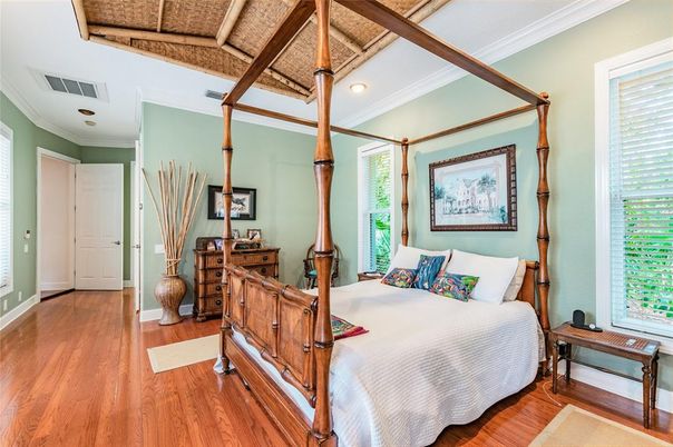 Bedroom, Interior, Recessed Lighting, Wooden Beams, Wood Texture Flooring