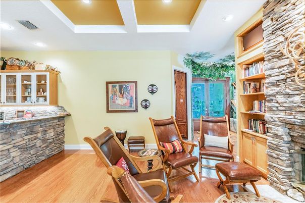 Interior, Recessed Lighting, Stone Walls, Wood Texture Flooring