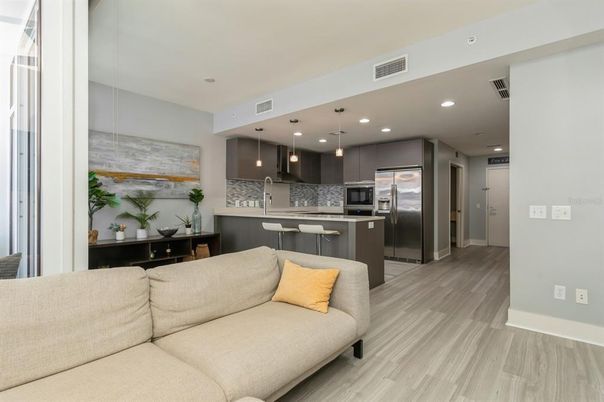Interior, Kitchen, Living room, Pendant Lights, Recessed Lighting, Stainless Steel Appliances, Wood Texture Flooring