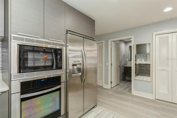 Interior, Kitchen, Recessed Lighting, Stainless Steel Appliances, Wood Texture Flooring