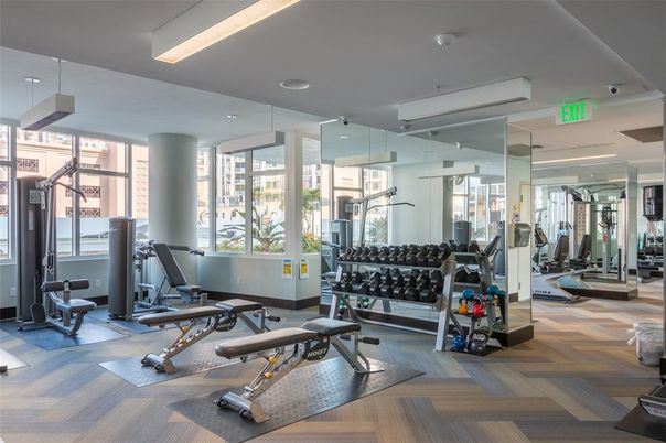 Fitness Equipment, Gym, Interior, Recessed Lighting, Wood Texture Flooring