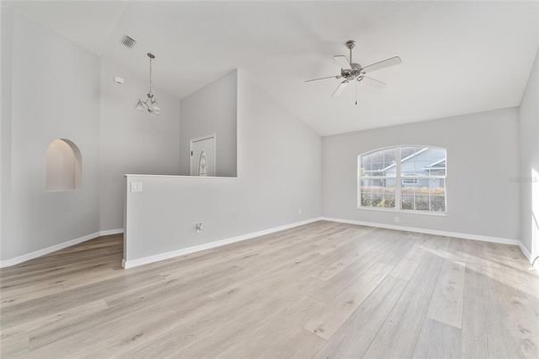 Empty room, Interior, Pendant Lights, Wood Texture Flooring