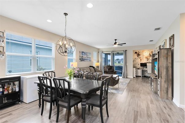 Chandelier, Dining room, Interior, Living room, Recessed Lighting, Wood Texture Flooring