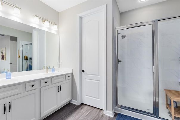 Bathroom, Glass Shower, Interior, Recessed Lighting, Wood Texture Flooring