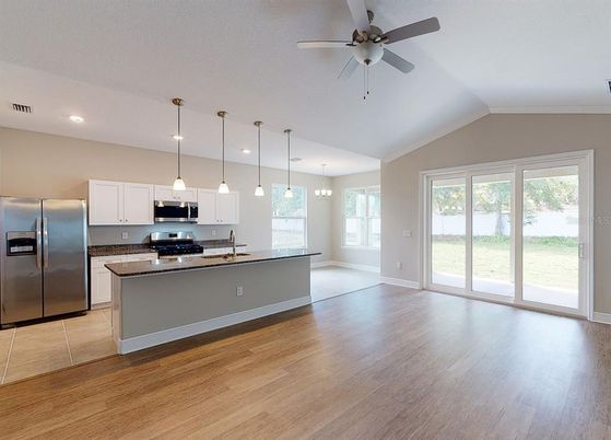 Interior, Kitchen, Pendant Lights, Recessed Lighting, Stainless Steel Appliances, Wood Texture Flooring