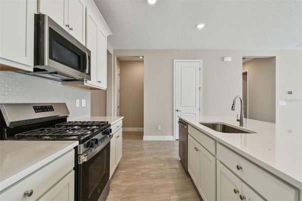 Interior, Kitchen, Recessed Lighting, Stainless Steel Appliances, Wood Texture Flooring