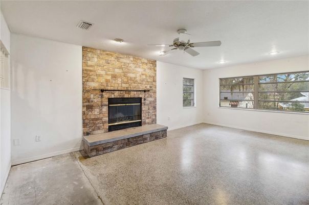 Empty room, Fireplace, Interior, Recessed Lighting, Stone Walls