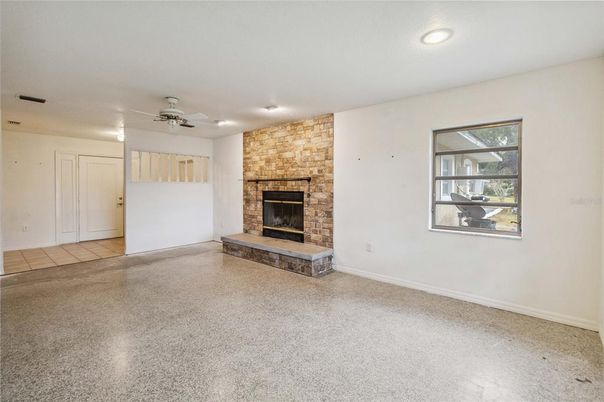Empty room, Fireplace, Interior, Recessed Lighting, Stone Walls