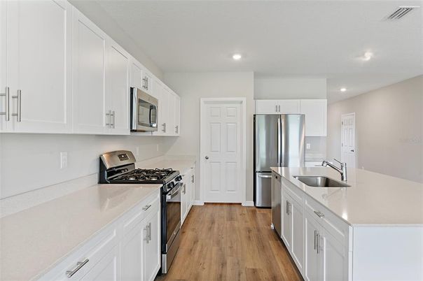 Interior, Kitchen, Recessed Lighting, Stainless Steel Appliances, Wood Texture Flooring