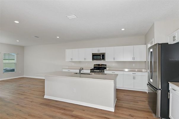 Interior, Kitchen, Recessed Lighting, Stainless Steel Appliances, Wood Texture Flooring