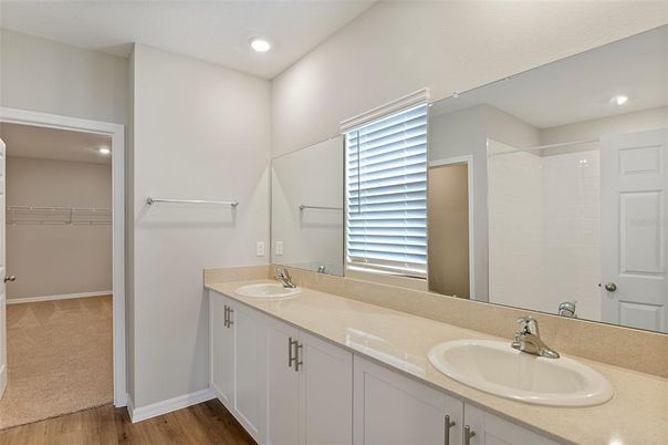 Bathroom, Dual Sink Vanities, Interior, Recessed Lighting, Walk-in Closets, Wood Texture Flooring