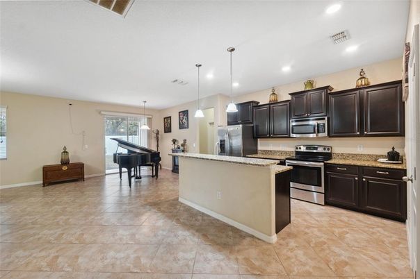 Interior, Kitchen, Pendant Lights, Piano, Recessed Lighting, Stainless Steel Appliances