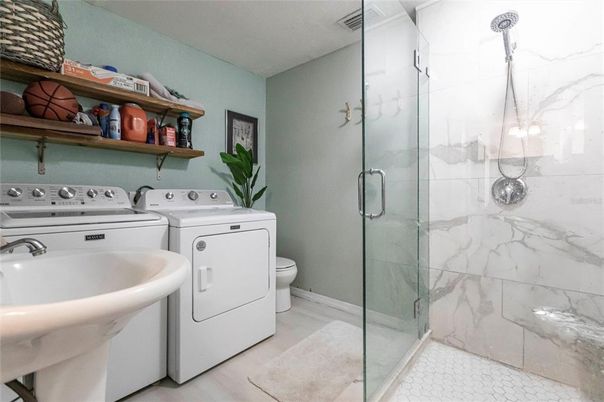 Bathroom, Glass Shower, Interior, Marble Walls, Utility Closets, Washer