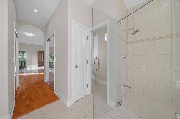 Bathroom, Glass Shower, Interior, Recessed Lighting, Wood Texture Flooring