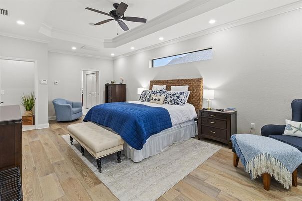 Bedroom, Interior, Recessed Lighting, Wood Texture Flooring