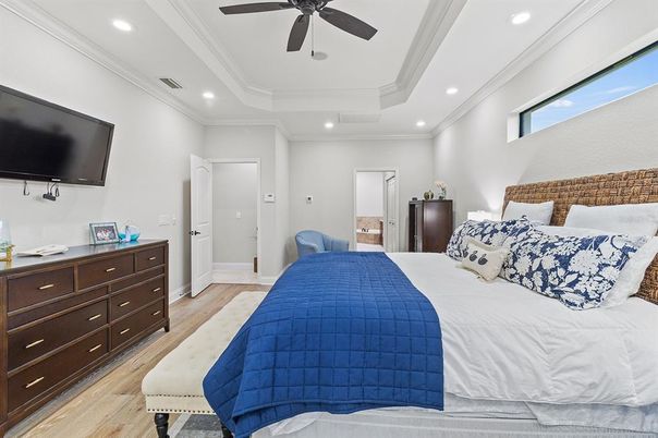 Bedroom, Interior, Recessed Lighting, Wood Texture Flooring