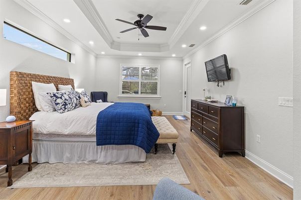 Bedroom, Interior, Recessed Lighting, Wood Texture Flooring