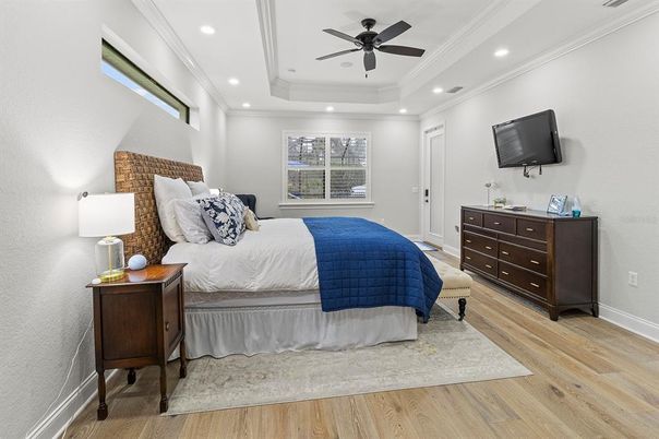Bedroom, Interior, Recessed Lighting, Wood Texture Flooring
