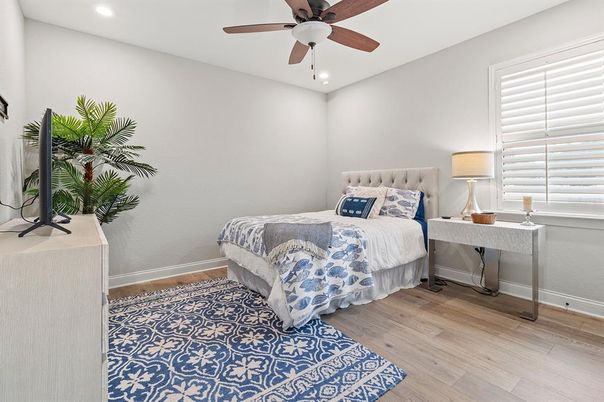Bedroom, Interior, Recessed Lighting, Wood Texture Flooring