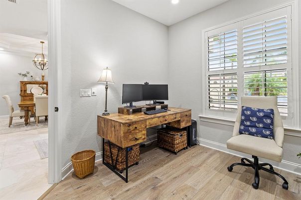 Chandelier, Home Office, Interior, Recessed Lighting, Wood Texture Flooring