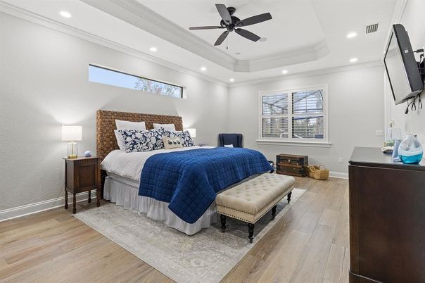 Bedroom, Interior, Recessed Lighting, Wood Texture Flooring