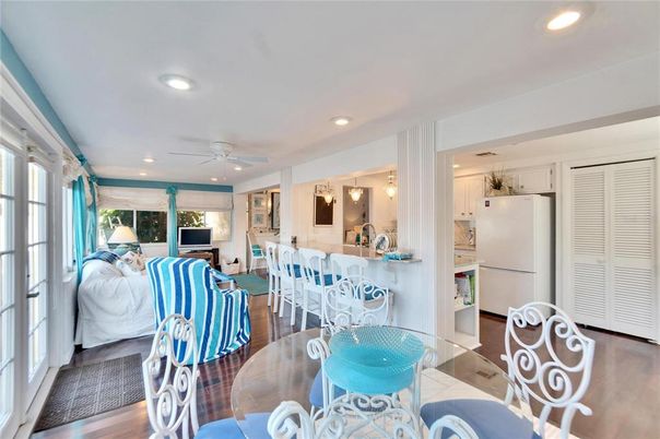 Dining room, Interior, Kitchen, Living room, Recessed Lighting, Wood Texture Flooring