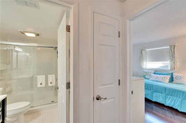Bathroom, Bedroom, Glass Shower, Interior, Wood Texture Flooring