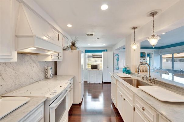 Interior, Kitchen, Marble Walls, Pendant Lights, Recessed Lighting, Wood Texture Flooring