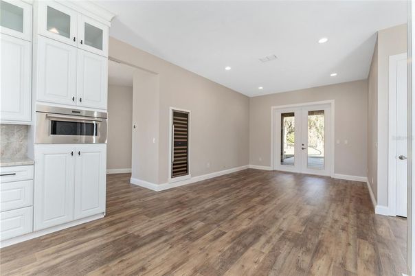 Empty room, Interior, Kitchen, Recessed Lighting, Wood Texture Flooring