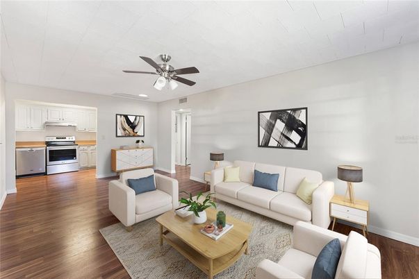 Interior, Kitchen, Living room, Recessed Lighting, Stainless Steel Appliances, Wood Texture Flooring