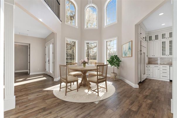 Dining room, Interior, Recessed Lighting, Wood Texture Flooring