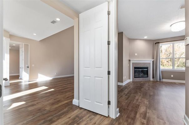 Empty room, Fireplace, Interior, Recessed Lighting, Wood Texture Flooring
