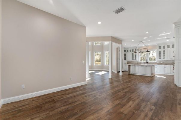 Empty room, Interior, Kitchen, Recessed Lighting, Wood Texture Flooring