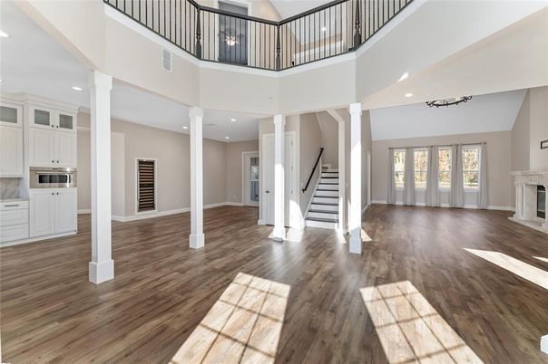 Fireplace, Interior, Recessed Lighting, Wood Texture Flooring