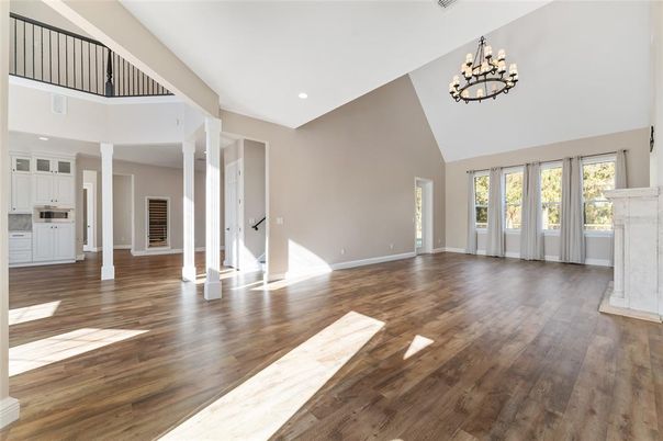 Chandelier, Empty room, Interior, Recessed Lighting, Wood Texture Flooring