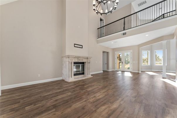 Chandelier, Fireplace, Interior, Recessed Lighting, Wood Texture Flooring