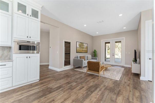 Interior, Kitchen, Living room, Recessed Lighting, Stainless Steel Appliances, Wood Texture Flooring